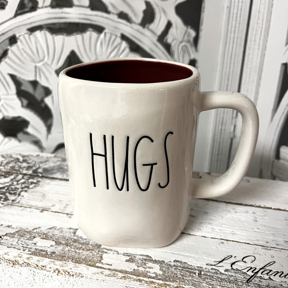 Rae Dunn Coffee Mug “Hugs & Kisses”, Doubled Sided, Red Interior, Valentines Day